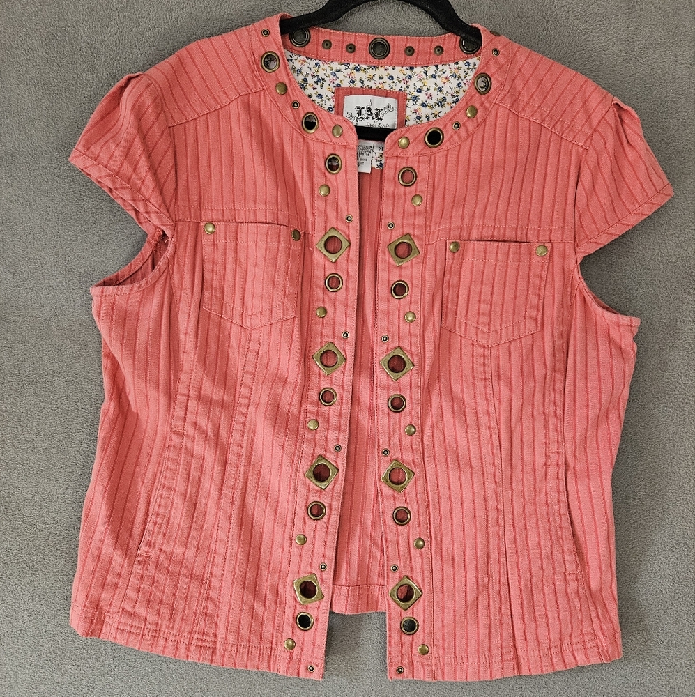 LAL Live A Little Womens XL Jacket Boho Open Front Peach Stripe Metal Circles